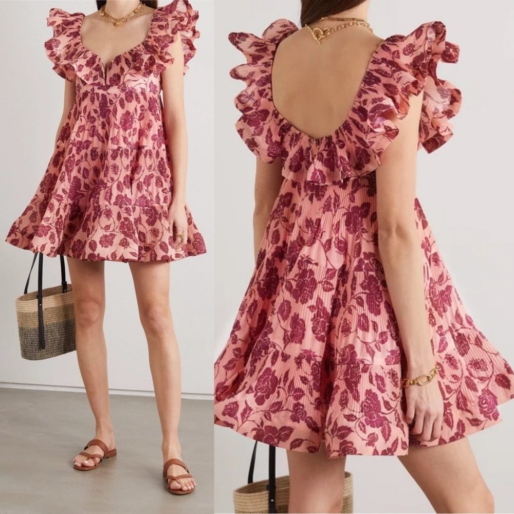 Zimmermann Lovestruck Pleated Ruffle Floral Plisse Mini Dress Pink
